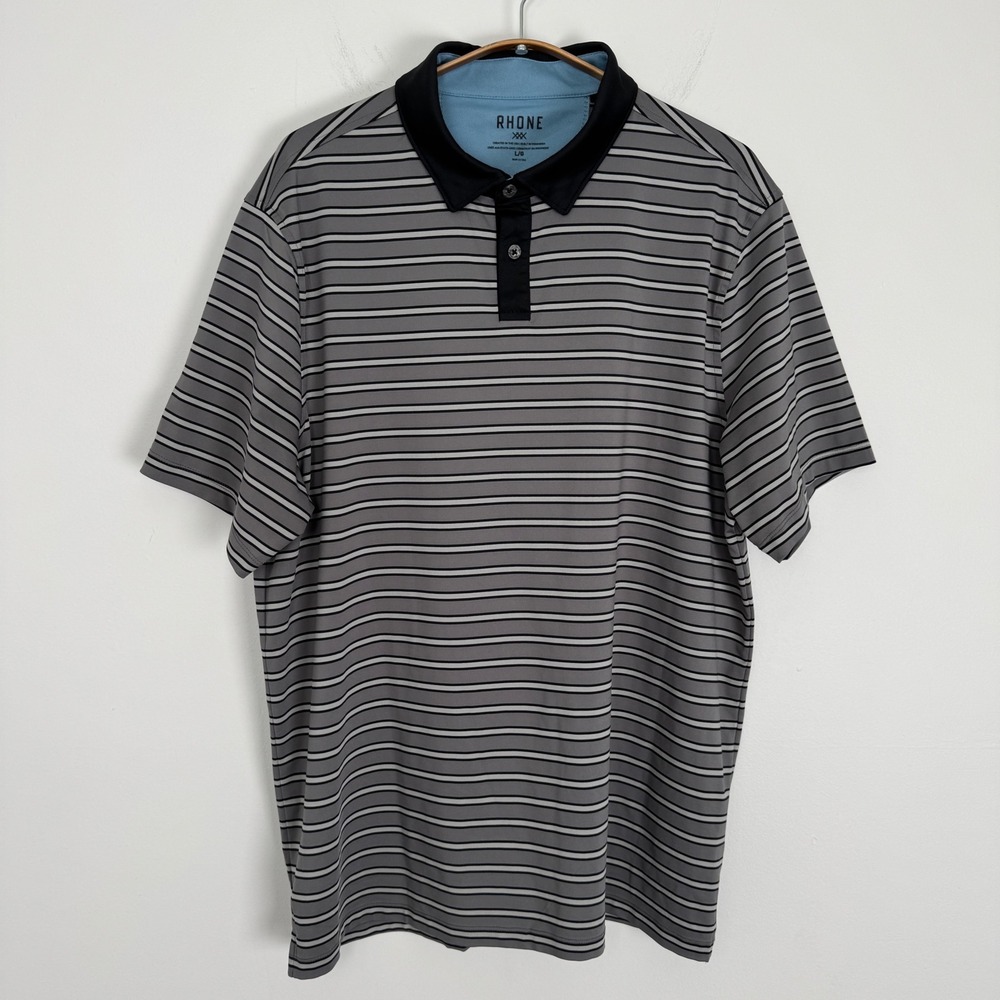Rhone Mens Grey Striped Short Sleeve Golf Polo Shirt Size L 101592 Stretch